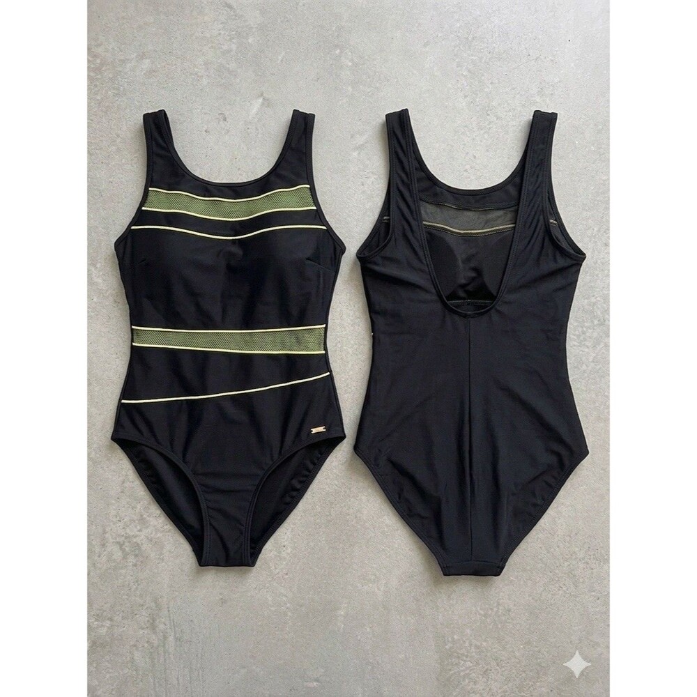 St. John’s Bay One Piece Swimsuit Women’s Size 14 Black Neon Trim Mesh Swimwear
